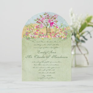 Swirled Pink Green Flower Love Birds Tree Wedding Invitation