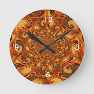 Swirling Abstract orange, brown, and green tones Round Clock