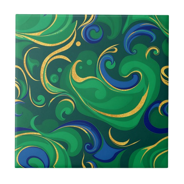 Swirling Abstract Pattern in Rich Green and Gold Ceramic Tile (Front)