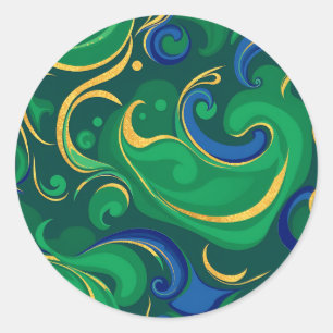 Swirling Abstract Pattern in Rich Green and Gold Classic Round Sticker