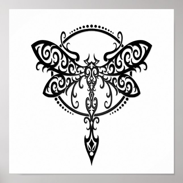 Swirling Black Dragonfly on White Poster (Front)