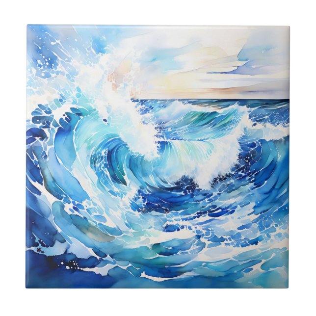 Swirling Blues and Whites Abstract Ocean Wave Ceramic Tile (Front)