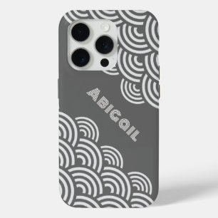 Swirling Circles and Name in White on Gray iPhone 15 Pro Case