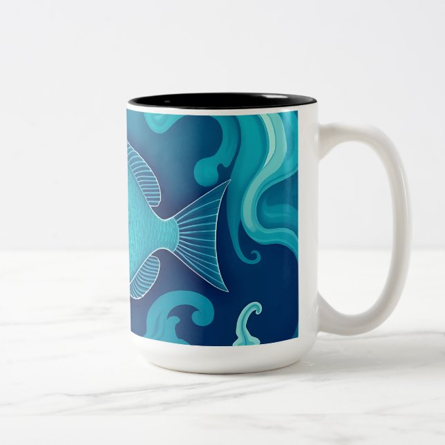 Swirling Coral Fish Art Two-Tone Coffee Mug (Right)