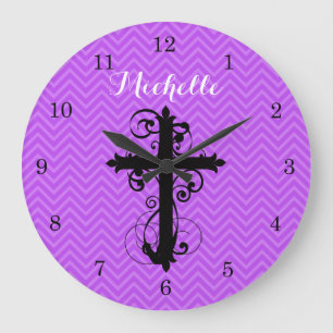 Swirling Cross Purple Chevron Personalised Large Clock