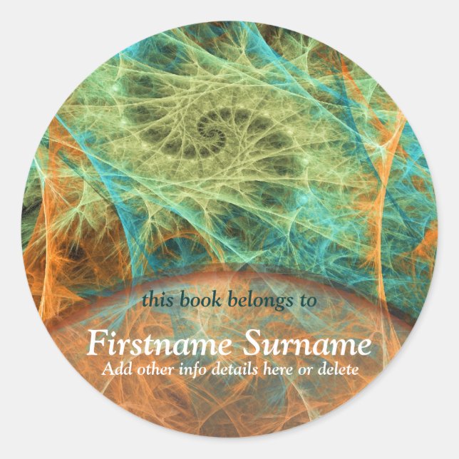 Swirling Fantasy Fractal Art Bookplate Sticker (Front)