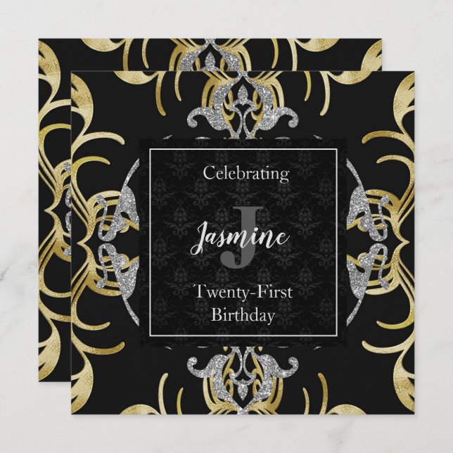 Swirling Gold and Silver Birthday Invitation (Front/Back)