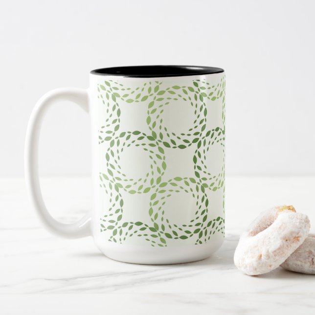 Swirling green leaf pattern Two-Tone coffee mug (With Donut)