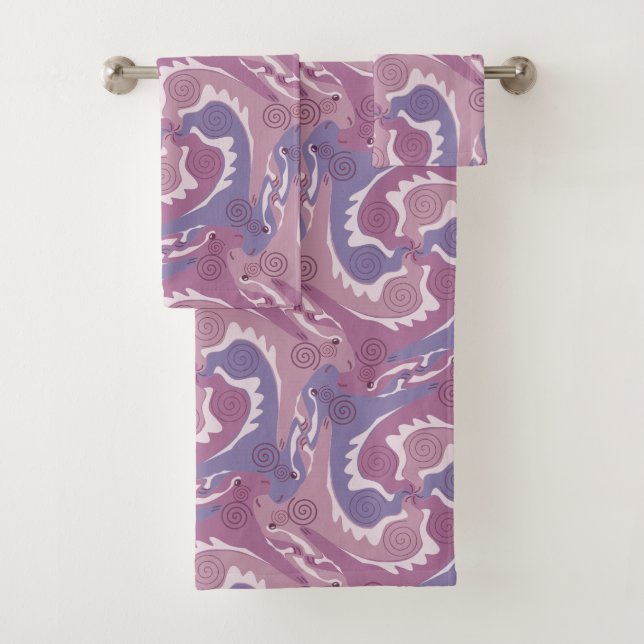 Swirling Hares 5 Purple Bathroom Towel Set (Insitu)