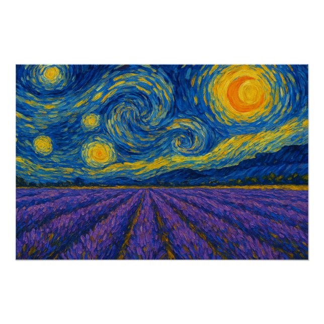 Swirling Night Sky over Lavender Field Poster (Front)