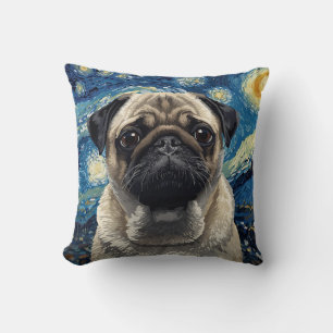 Swirling Night Sky Painting Beige Pug Art Cushion