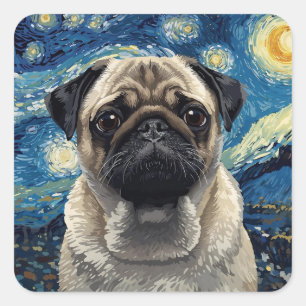 Swirling Night Sky Painting Beige Pug Art  Square Sticker