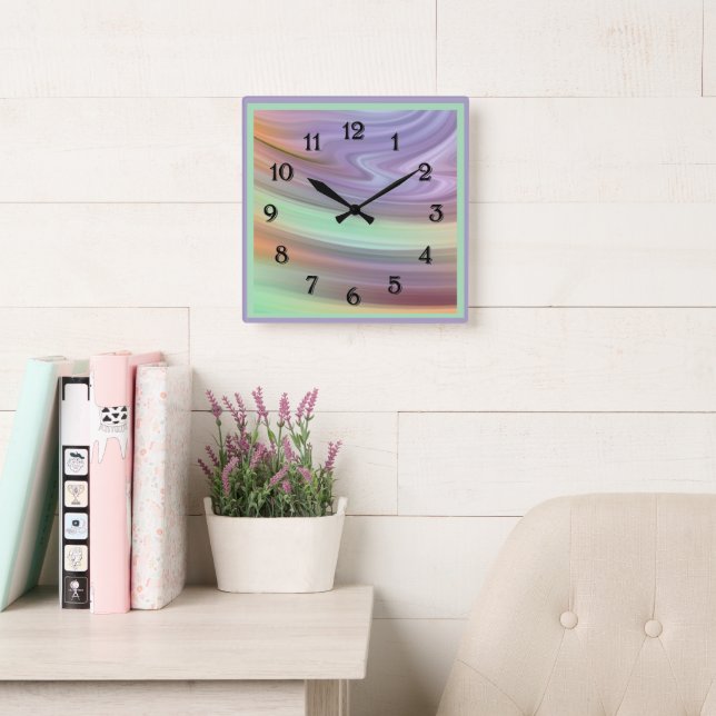 Swirling Paints in Purple, Mint Green and Peach Square Wall Clock (Reading Room)