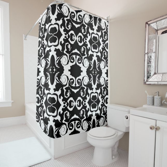 Swirling Pattern in Black and White Shower Curtain (In Situ)