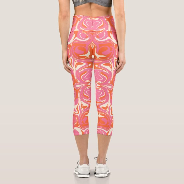 Swirling Pattern in Pink, Orange and Cream Capri Leggings (Back)