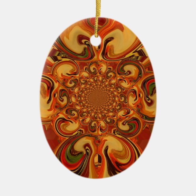 Swirling Pattern: Shades of Orange, Brown & Green Ceramic Tree Decoration (Front)