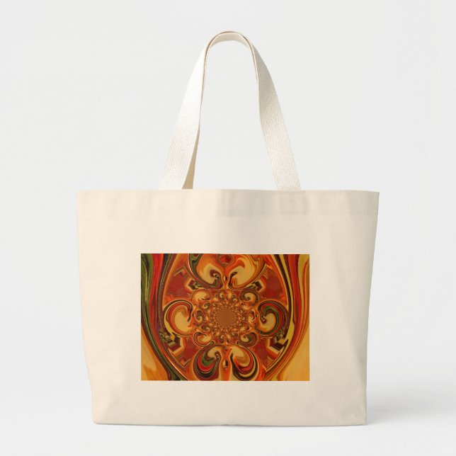 Swirling Pattern: Shades of Orange, Brown & Green Large Tote Bag (Front)