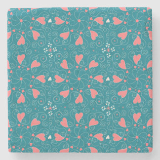 Swirling pink hearts on teal. Hand Drawn Stone Coaster