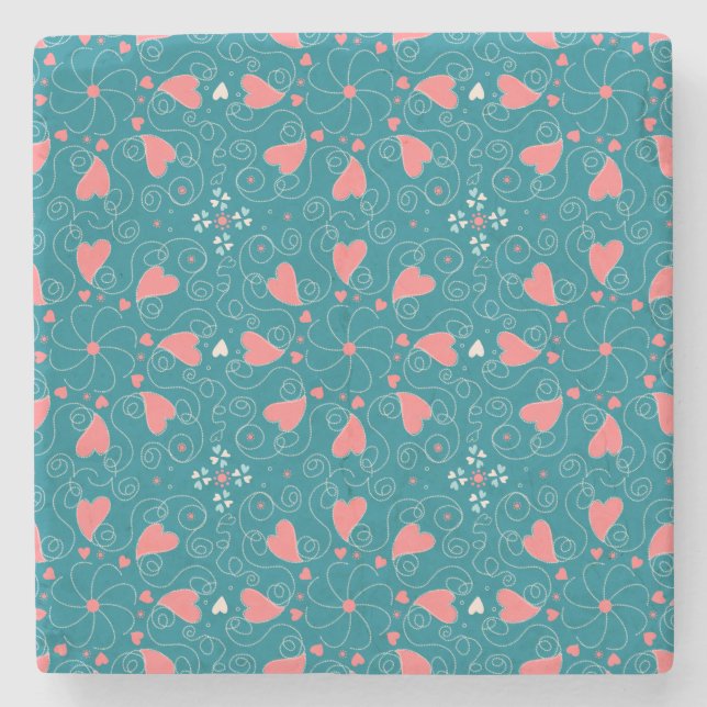 Swirling pink hearts on teal. Hand Drawn Stone Coaster (Front)