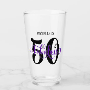 Swirling Purple 50 & Fabulous Birthday with Name Glass