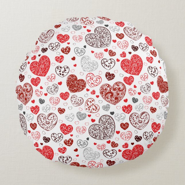 Swirling Red Decorative Heart Pattern Round Cushion (Front)
