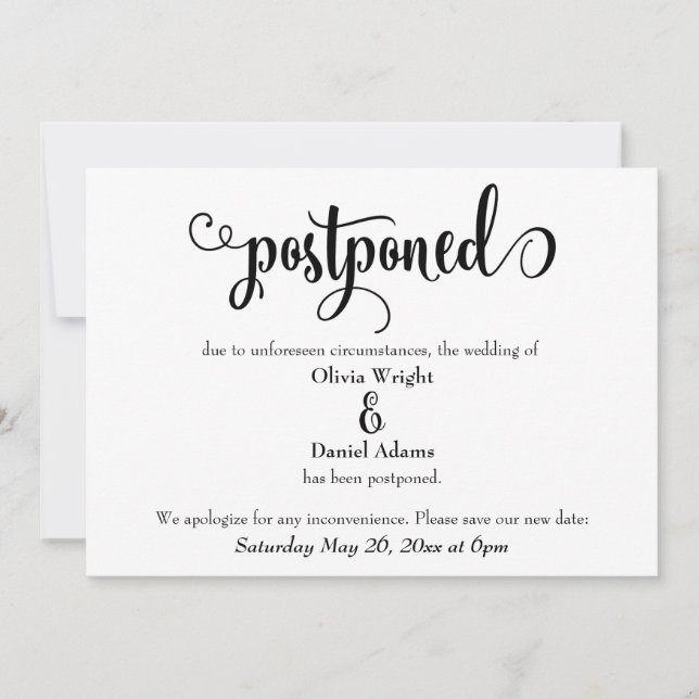 Swirling Script Postponed Wedding Announcement (Front)