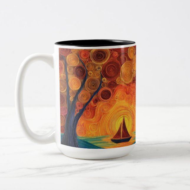 "Swirling Sunset Tree & Sailboat Two-Tone Coffee Mug (Left)