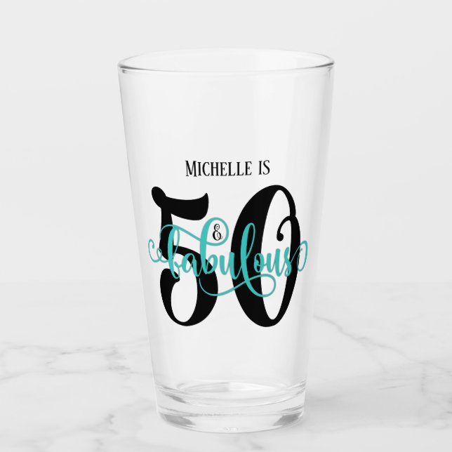 Swirling Teal 50 & Fabulous Birthday with Name Glass (Front)