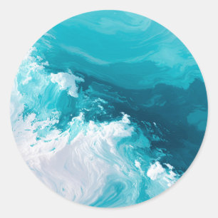 Swirling Turquoise Waves Abstract Ocean Wave Art Classic Round Sticker