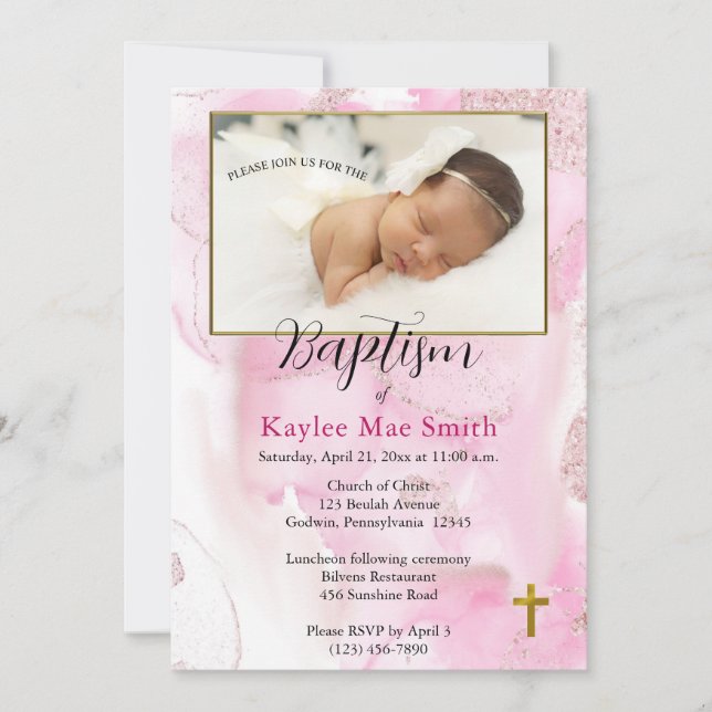 Swirling & Twirling Pink Clouds Baptism Invitation (Front)