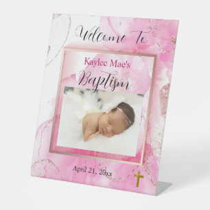 Swirling & Twirling Pink Clouds Baptism  Pedestal Sign