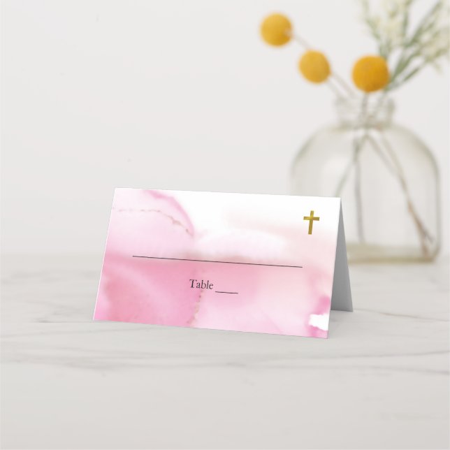 Swirling & Twirling Pink Clouds Baptism Place Card (Front)
