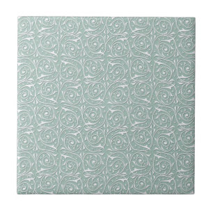 Swirling Vines in Pale Sage Green and White Ceramic Tile