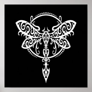 Swirling White Dragonfly on Black Poster