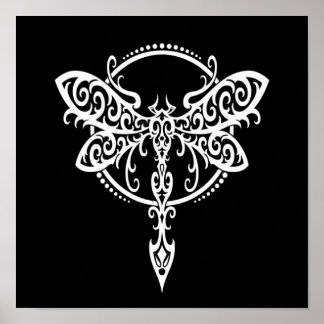 Swirling White Dragonfly on Black Poster