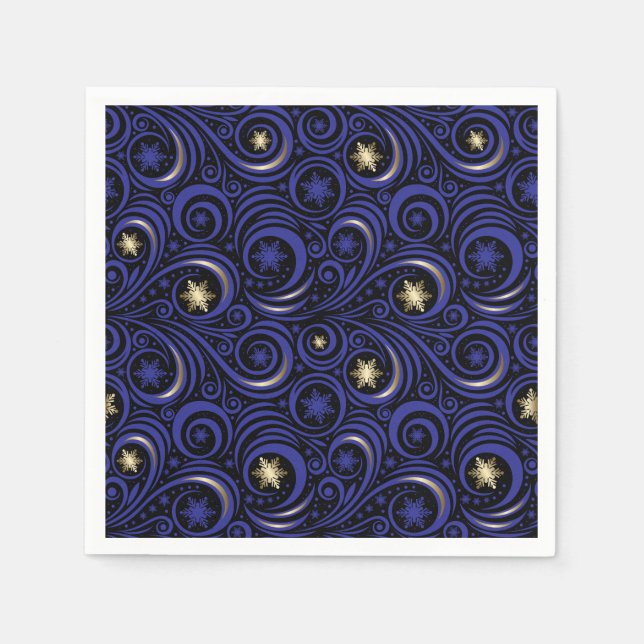 Swirls and Snowflakes Blue and Gold Napkin (Front)