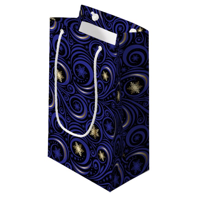 Swirls and Snowflakes Blue and Gold Small Gift Bag (Front Angled)