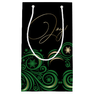 Swirls and Snowflakes Border Green and Gold JOY Small Gift Bag