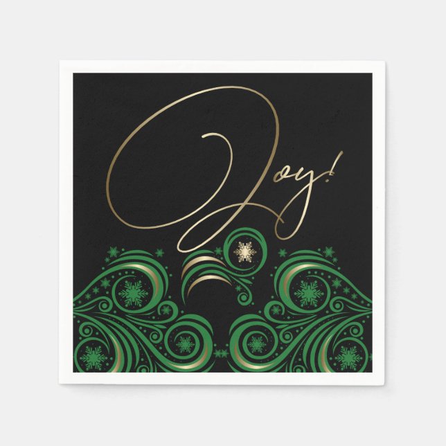 Swirls and Snowflakes Gold and Green Joy Napkin (Front)