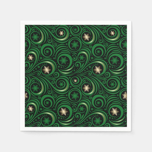 Swirls and Snowflakes Gold and Green Napkin (Front)