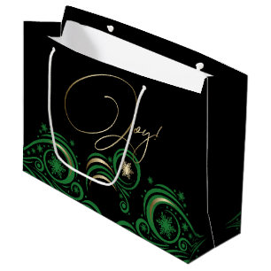 Swirls and Snowflakes Green and Gold JOY Large Gift Bag