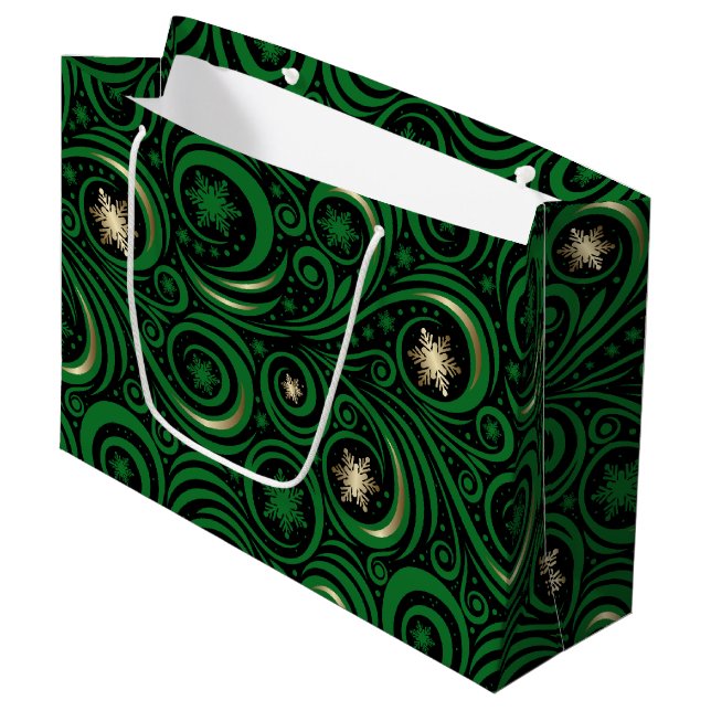 Swirls and Snowflakes Green and Gold Large Gift Bag (Front Angled)