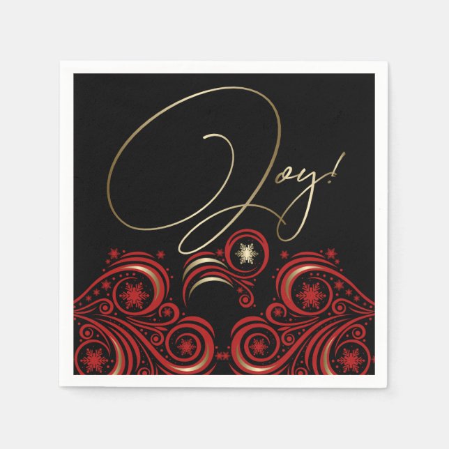Swirls and Snowflakes Red and Gold Joy Napkin (Front)