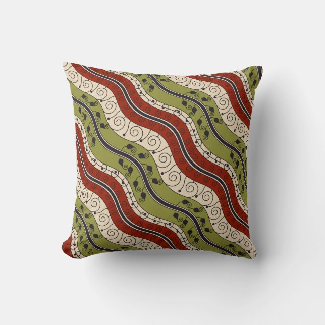 Swirls and Waves in Red, Green and Cream Cushion (Front)