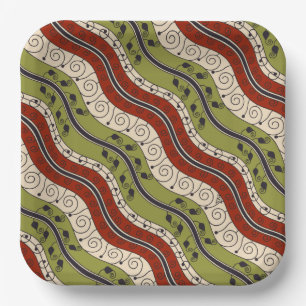 Swirls and Waves in Red, Green and Cream Paper Plate