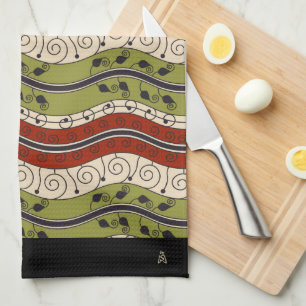 Swirls and Waves in Red, Green + Cream (Monogram) Tea Towel