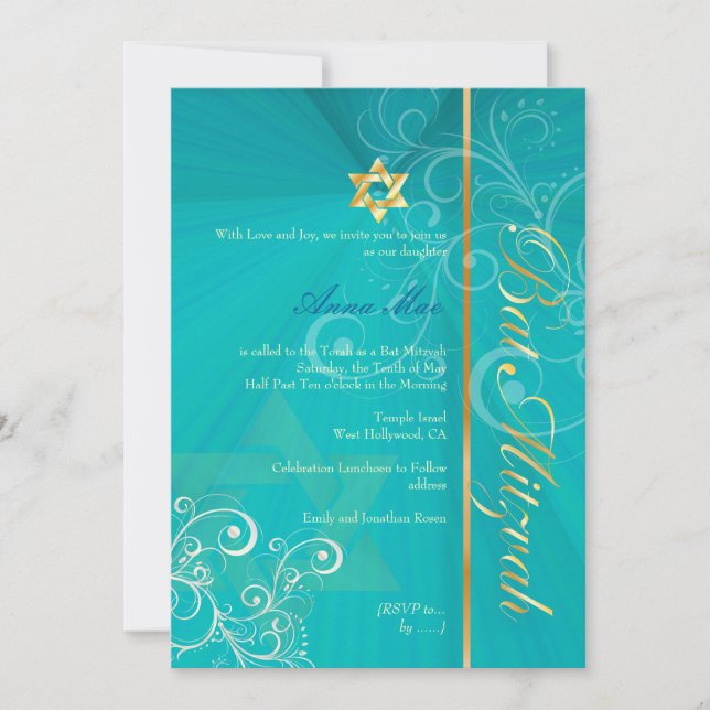 Swirls Bat Mitzvah/aqua blue/gold Invitation (Front)