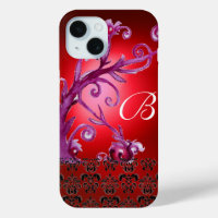 SWIRLS, BERRIES DAMASK MONOGRAM pink black red