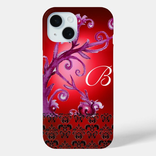 SWIRLS, BERRIES DAMASK MONOGRAM pink black red Case-Mate iPhone Case (Back)