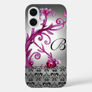 SWIRLS, BERRIES DAMASK MONOGRAM pink ,white black iPhone 16 Case